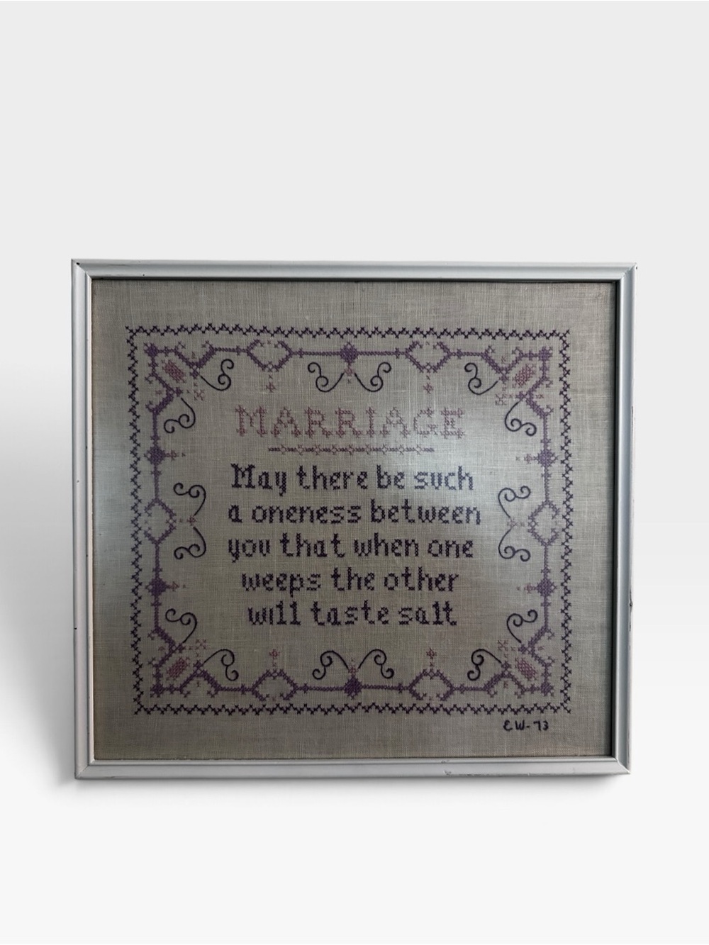Vintage 70s Framed Purple Cross-Stitch Marriage Quote Wall Art